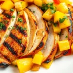 Top-down view of sliced grilled chicken with mango salsa on a white plate, garnished with herbs