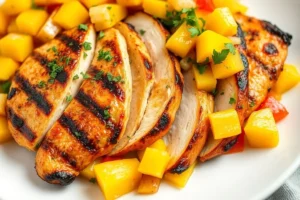 Top-down view of sliced grilled chicken with mango salsa on a white plate, garnished with herbs