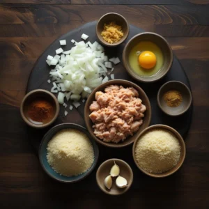 Ingredients for ground chicken patties laid out on a kitchen counter