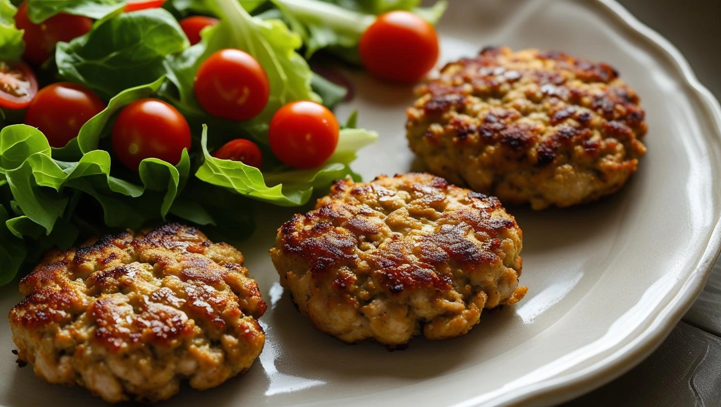 Homemade ground chicken patties served with salad