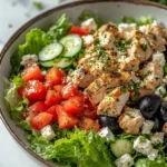 Vibrant salad bowl with grilled chicken, fresh vegetables, black olives, and feta cheese on a marble surface