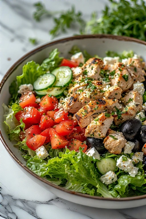 Vibrant salad bowl with grilled chicken, fresh vegetables, black olives, and feta cheese on a marble surface