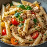 A slate bowl of penne pasta salad with diced chicken breast, cherry tomatoes, red and orange bell peppers, and basil leaves, all tossed in a light sauce.