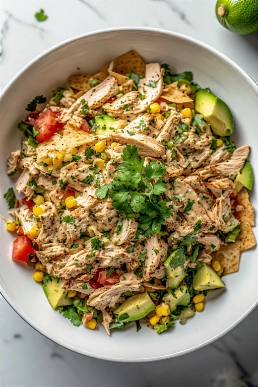 Top-down image of a chicken salad with avocado, corn, tomatoes, and creamy dressing in a white bowl on a light background