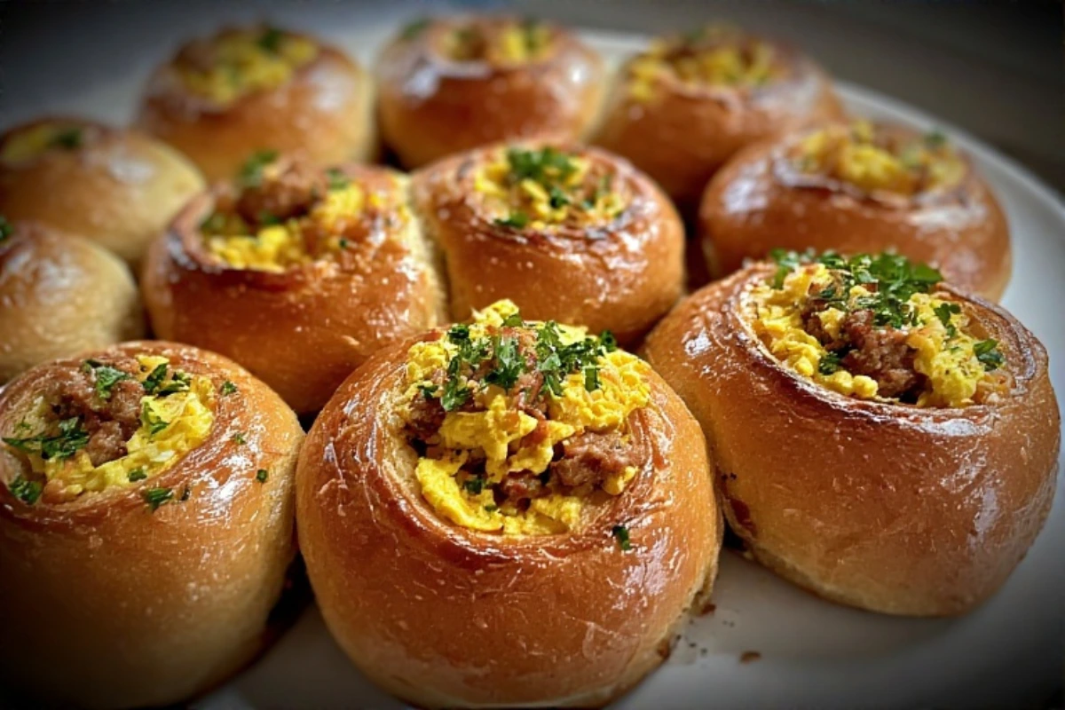 Hearty breakfast rolls with sausage, bacon, and eggs