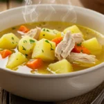 hearty chicken soup with potatoes and carrots in a bowl