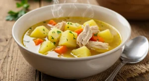 hearty chicken soup with potatoes and carrots in a bowl