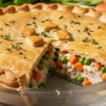 Chicken pot pie in a glass dish with flaky crust and creamy filling of chicken, peas, and carrots, with a slice removed