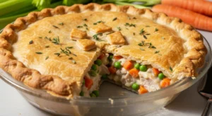 Chicken pot pie in a glass dish with flaky crust and creamy filling of chicken, peas, and carrots, with a slice removed
