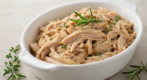 Juicy instant pot shredded chicken served in a white bowl
