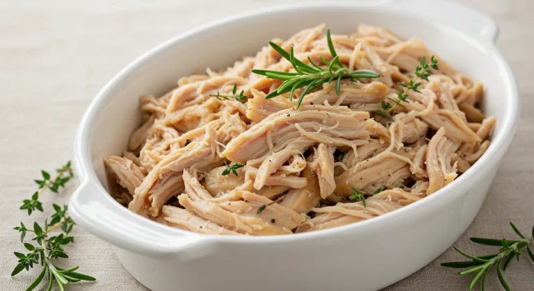 Juicy instant pot shredded chicken served in a white bowl