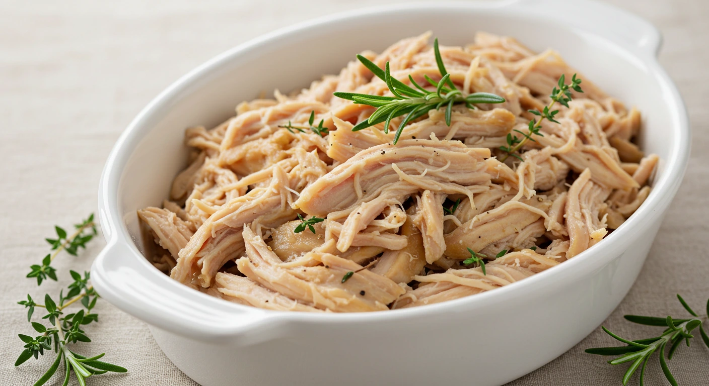 Juicy instant pot shredded chicken served in a white bowl