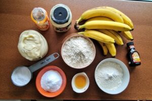 Ingredients for banana bread with mayo displayed on a kitchen counter
