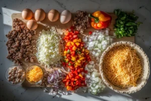 quiche ingredients laid out on a kitchen counter