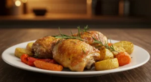 Oven roasted boneless chicken thighs served on a white plate
