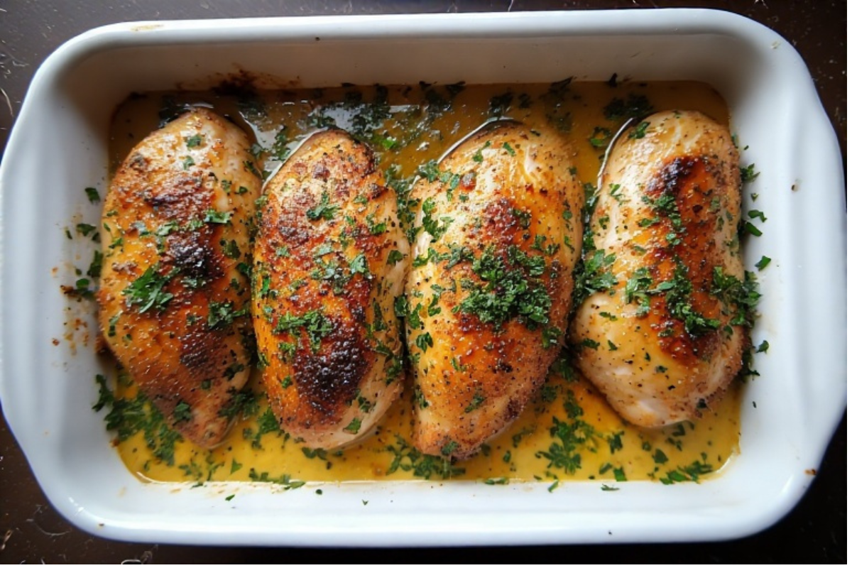 Juicy Garlic Butter Baked Chicken Breast served with parsley garnish