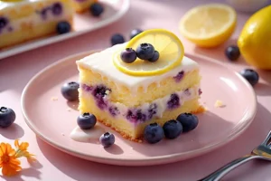 A square slice of lemon blueberry cake topped with glaze, lemon slice, and blueberries on a pink plate with soft, bright lighting.