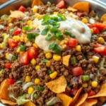 A large stainless steel bowl filled with taco salad featuring seasoned ground beef, lettuce, corn, diced tomatoes, red onion, and tortilla chips with dressing