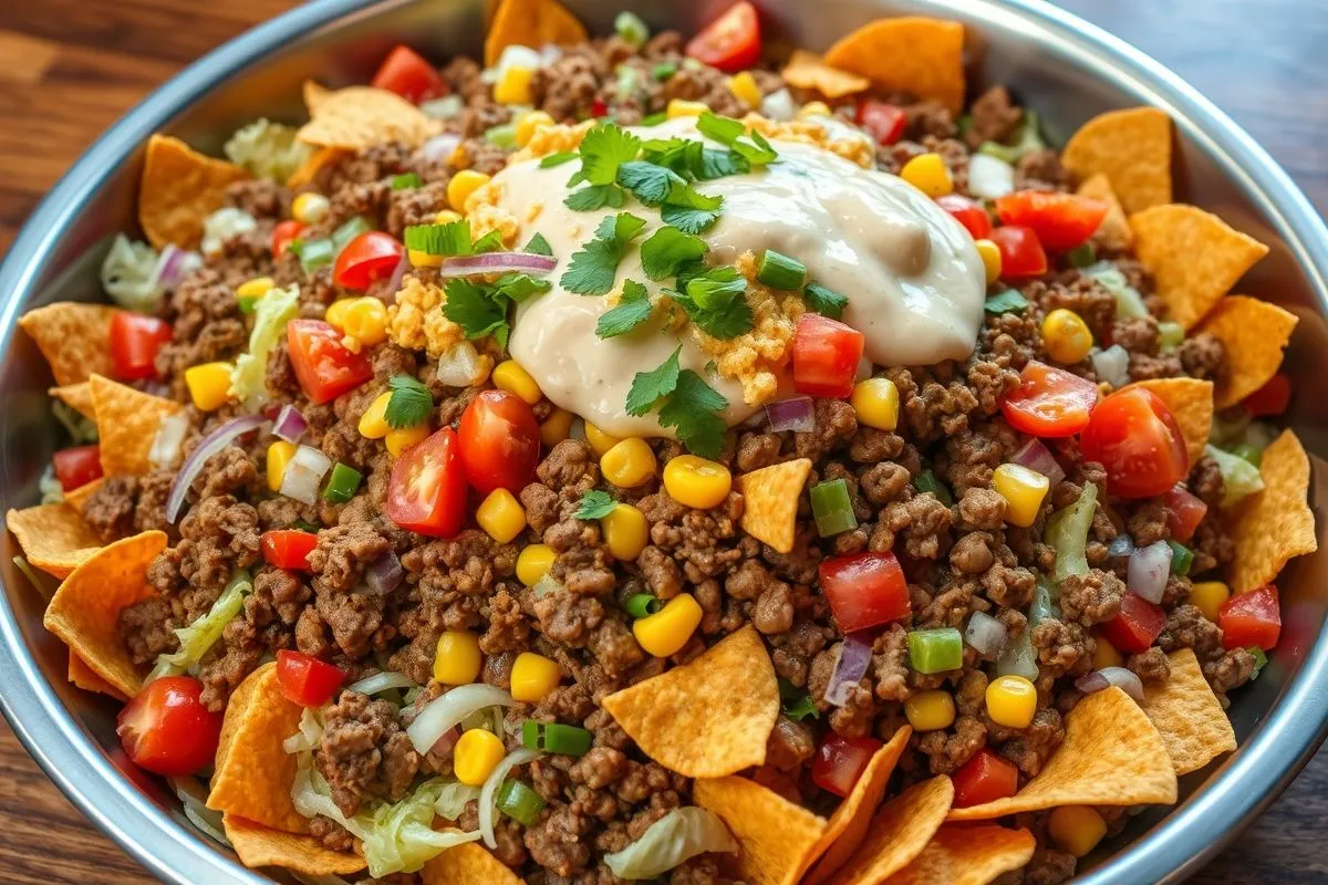 A large stainless steel bowl filled with taco salad featuring seasoned ground beef, lettuce, corn, diced tomatoes, red onion, and tortilla chips with dressing