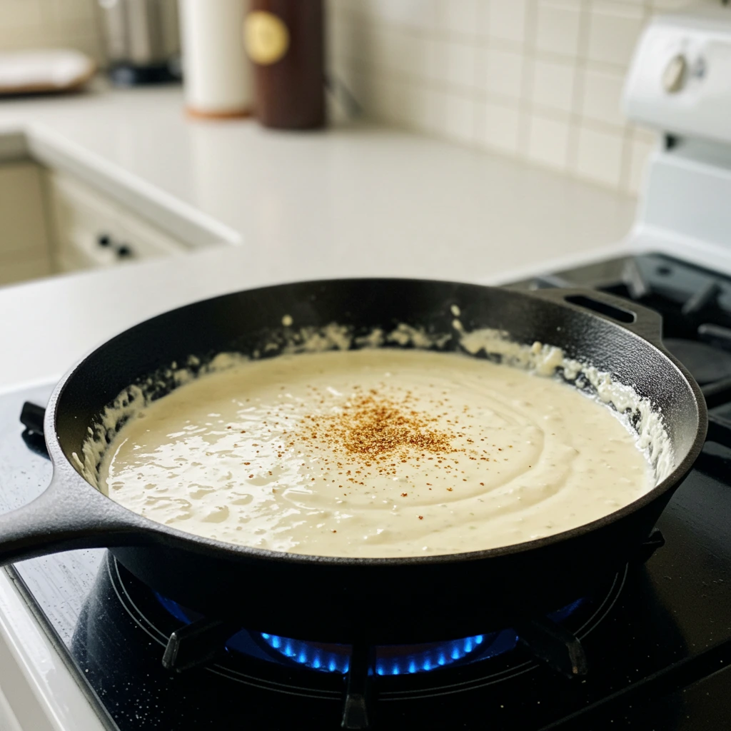 Preparing creamy ranch sauce in skillet