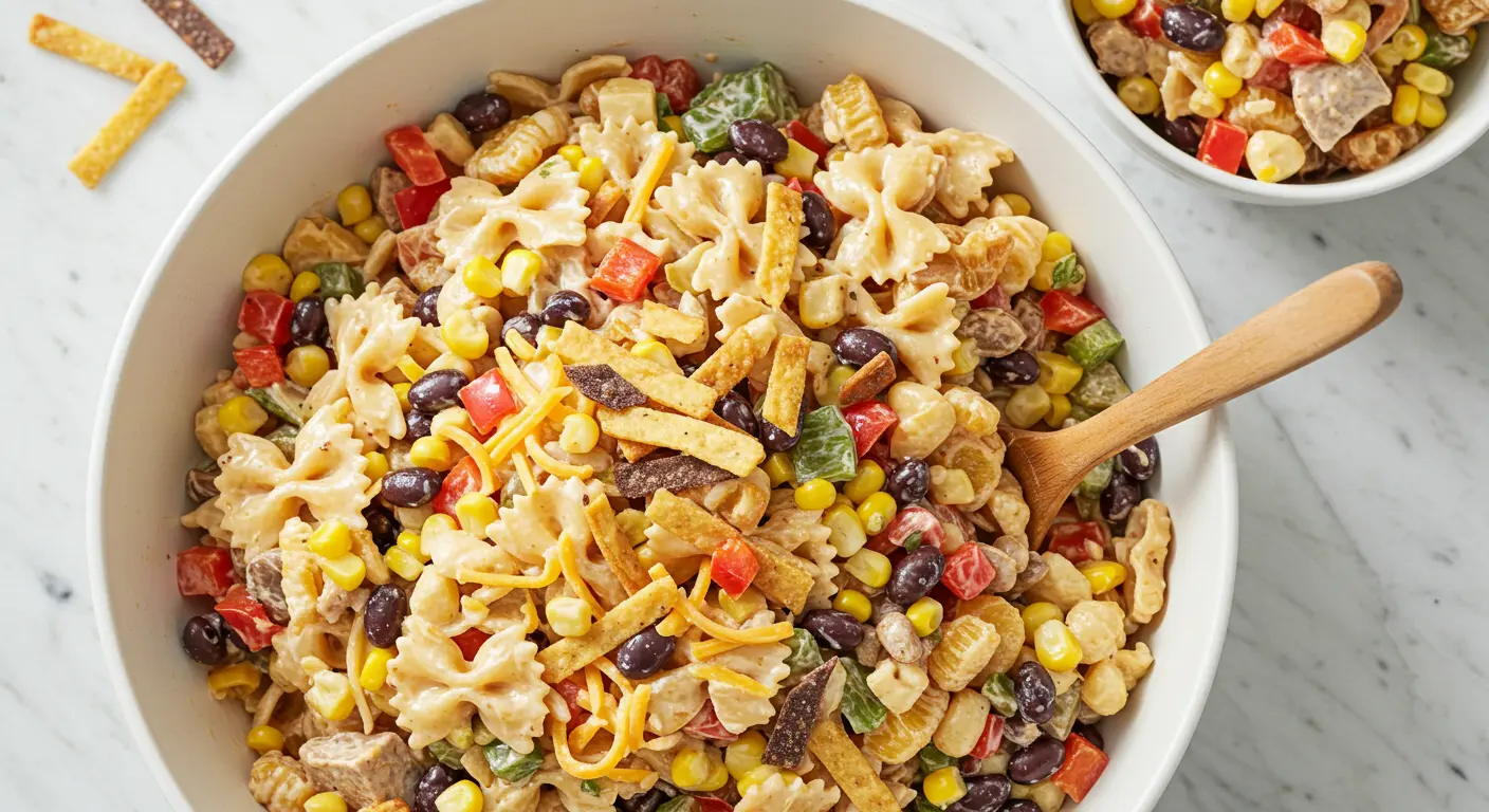 Overhead view of a large white bowl filled with Mexican pasta salad featuring corn, black beans, diced red peppers, shredded cheese, and crispy tortilla strips on a white marble surface