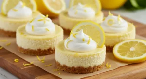Close-up of individual mini lemon cheesecakes topped with whipped cream, lemon slices, and zest on a wooden board