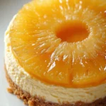 Single mini pineapple cheesecake topped with a caramel-glazed pineapple slice on a light plate