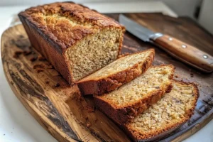 Sliced banana bread with moist texture on wooden board