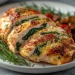 stuffed chicken breast in oven sliced with melted cheese and herbs