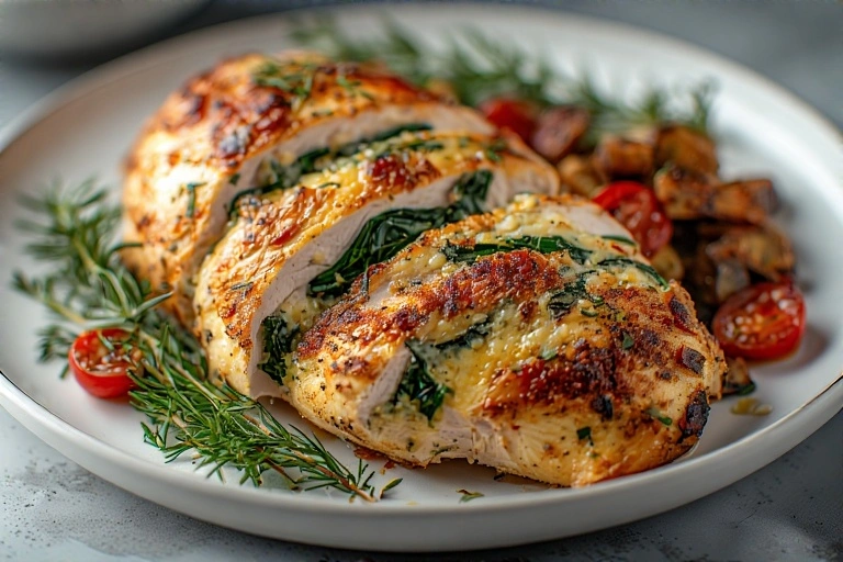 stuffed chicken breast in oven sliced with melted cheese and herbs