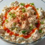 Overhead view of creamy buffalo chicken salad topped with paprika and hot sauce in a clear glass bowl
