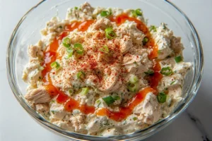Overhead view of creamy buffalo chicken salad topped with paprika and hot sauce in a clear glass bowl