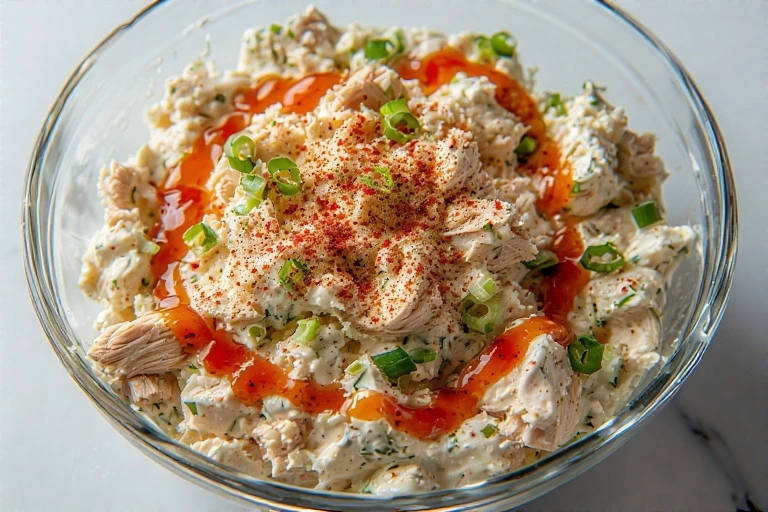Overhead view of creamy buffalo chicken salad topped with paprika and hot sauce in a clear glass bowl