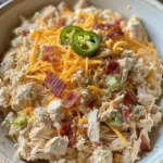 Overhead shot of a mottled beige bowl filled with Jalapeno Popper Chicken Salad, including shredded chicken, cheddar cheese, bacon bits, and green jalapeño slices, set on a dark brownish-gray surface.