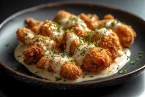 Parmesan Crusted Chicken with Garlic Sauce on a dinner plate