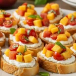 Golden toasted baguette slices topped with creamy whipped ricotta, diced peaches, cherry tomatoes, fresh basil, and drizzled balsamic glaze arranged on a serving platter