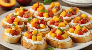 Golden toasted baguette slices topped with creamy whipped ricotta, diced peaches, cherry tomatoes, fresh basil, and drizzled balsamic glaze arranged on a serving platter
