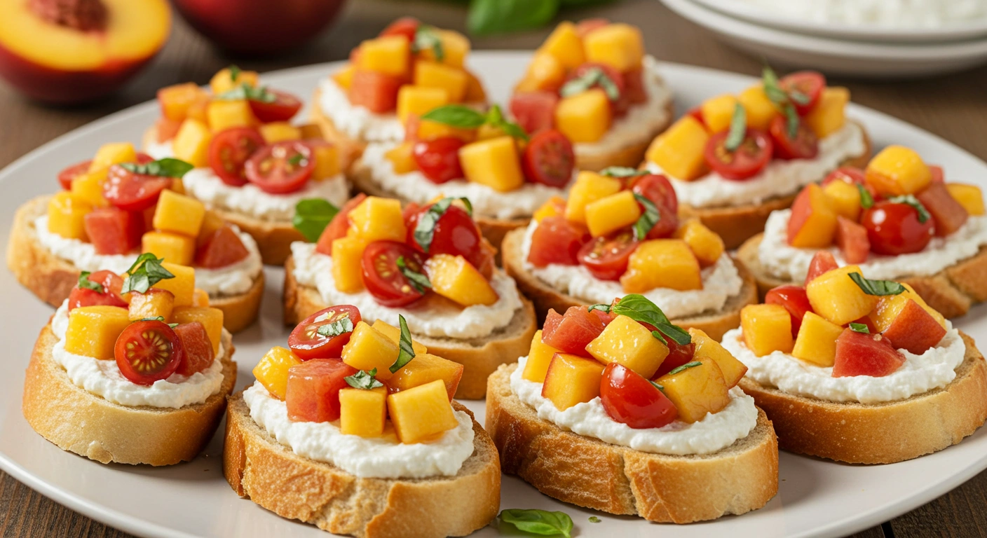 Golden toasted baguette slices topped with creamy whipped ricotta, diced peaches, cherry tomatoes, fresh basil, and drizzled balsamic glaze arranged on a serving platter