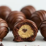 Round chocolate chip cookie dough brownie bombs coated in chocolate and stacked on a serving tray