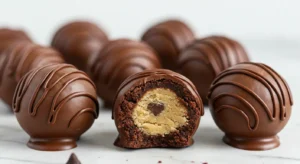 Round chocolate chip cookie dough brownie bombs coated in chocolate and stacked on a serving tray