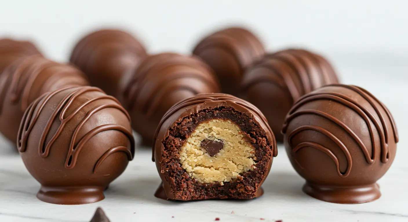 Round chocolate chip cookie dough brownie bombs coated in chocolate and stacked on a serving tray