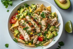 Overhead view of a Santa Fe chicken salad in a white bowl with avocado, corn, tomatoes, tortilla strips, and creamy dressing