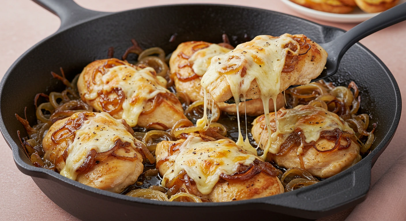 Savory French Onion Chicken Bake fresh out of the oven, golden and cheesy