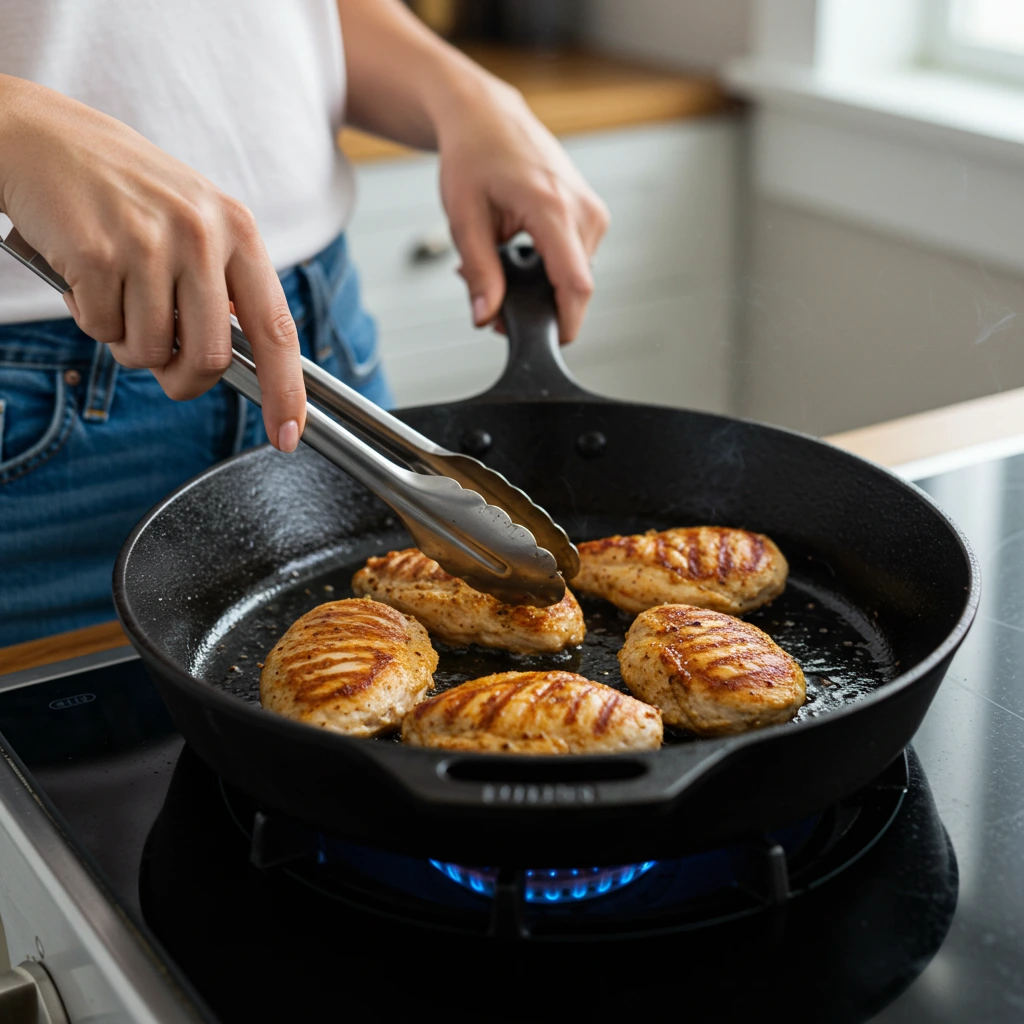 Searing seasoned chicken breasts in skillet