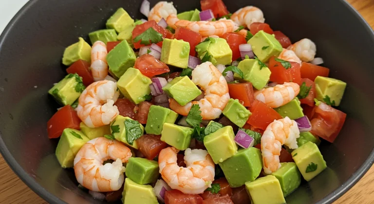 Close-up of shrimp ceviche in a dark bowl with avocado, tomatoes, red onion, and fresh herbs