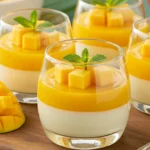Layered mango panna cotta in glass cups, topped with mango cubes and mint leaves