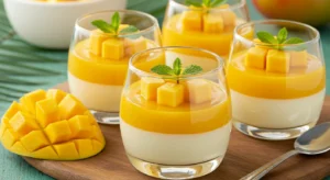 Layered mango panna cotta in glass cups, topped with mango cubes and mint leaves