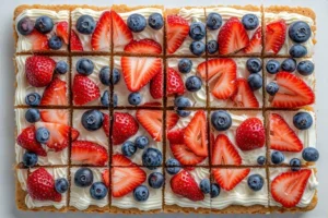 A close-up of a slice of fruit pizza being lifted by a spatula, topped with strawberries and blueberries over cream cheese frosting and a golden crust.