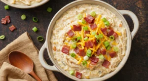 Slow Cooker Cheesy Ranch Chicken served hot with melted cheese and bacon