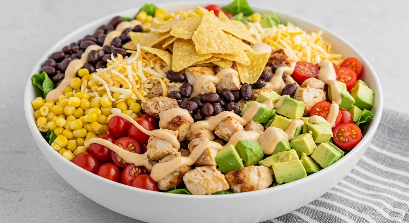 Bowl of southwest chopped chicken salad with avocado, beans, and creamy dressing